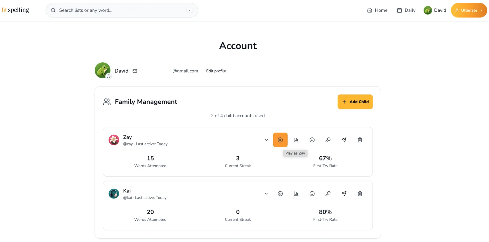 The Family Management screen listing each child with their words attempted, current streak, and first-try rate.