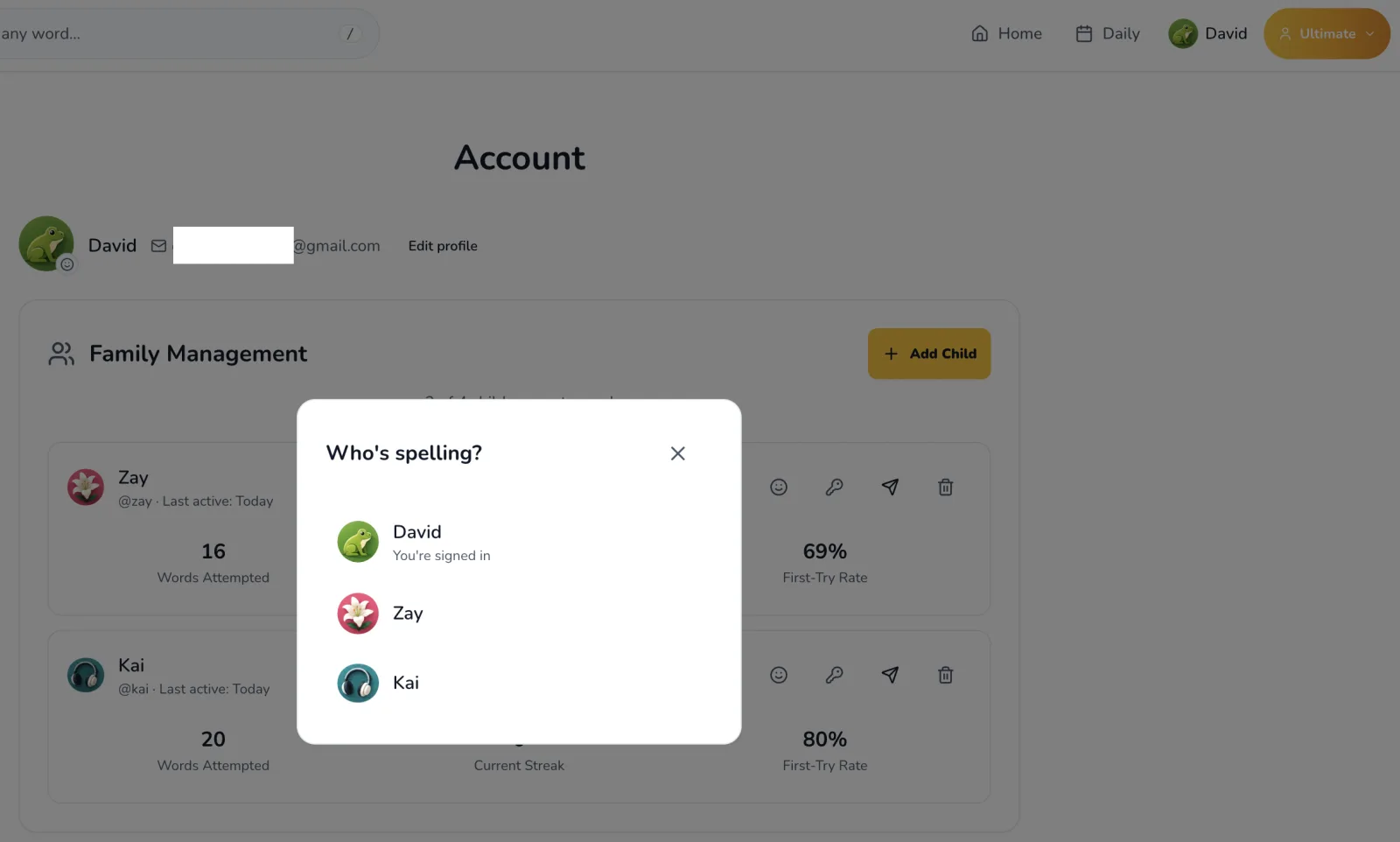 The 'Who's spelling?' switcher lets a parent hop between David, Zay, and Kai in one tap.